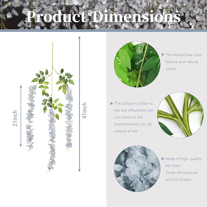36 Pack Grey Wisteria Hanging Flowers, 3.44 Ft Fake Hanging Flowers, Artificial Wisteria Garland Vines for Wedding Room Backdrop Outdoor Patio Garden Decoration