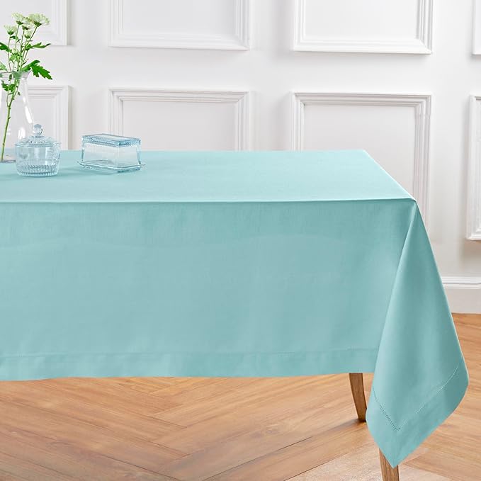 Solino Home Linen Tablecloth for Rectangle Tables 60 x 120 Inch - Classic Hemstitch 100% Pure Linen Aqua Blue Table Cloth - Machine Washable Cloth Tablecloth for Christmas, Holiday
