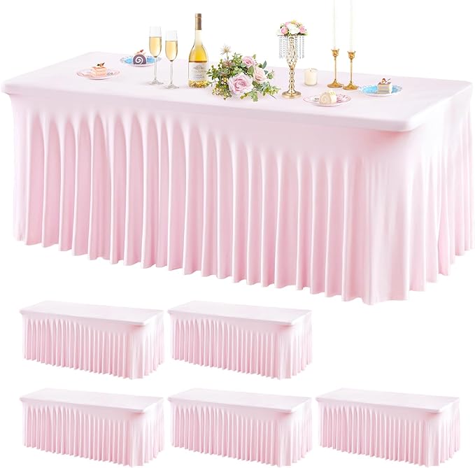 Wish Care 6 Pack Pink Spandex Table Clothes for 6 Foot Rectangle Tables, 6FT Wrinkle Free Fitted Tablecloths Ruffles Design Table Cover for Party, Banquet, Wedding and Events