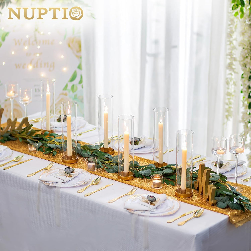 NUPTIO Hurricane Glass Candlestick Holders: 10 Set Bulk Gold Taper Candle Hol...