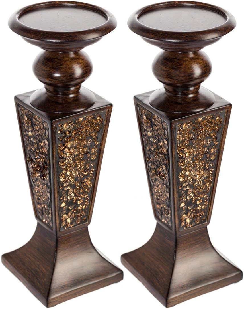 Creative Scents Schonwerk Brown Pillar Candle Holder Set of 2- Crackled Mosai...
