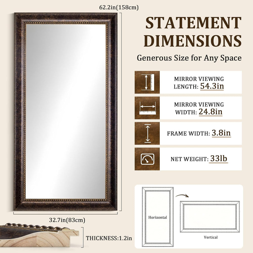 Large Mirror Full Length, Antique Bronze Solid Wood, 62.2"×32.7"