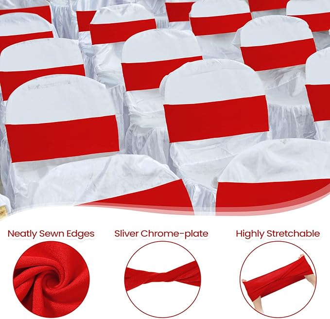 Kinlop 50 Pcs Spandex Chair Sashes Bows Chair Bands Slider Sashes for Covers Elastic Bands Ties Without Buckle Decorations for Wedding Party Events Ceremony Birthday(Red)