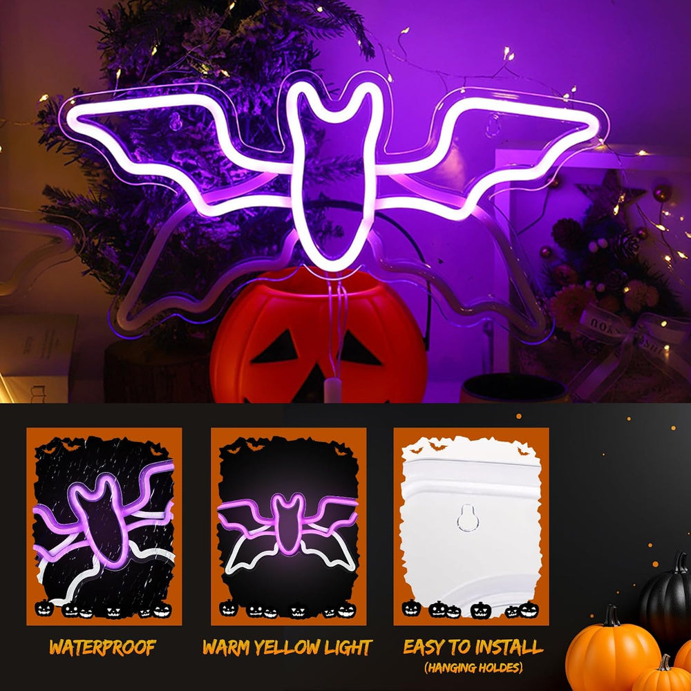 Halloween Neon Sign,Halloween Flying Bat Neon Light Sign with Adjustable Spee...