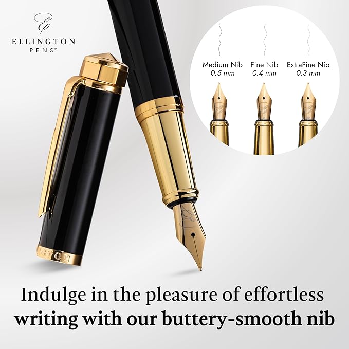 Ellington Pens Luxury Fountain Pen Set- Fountain Pens for Writing - Smooth Extra Fine Nib - Includes Refillable Ink Converter, 3 Ink Cartridges [Black & Blue], Gift Box - Elegant Calligraphy