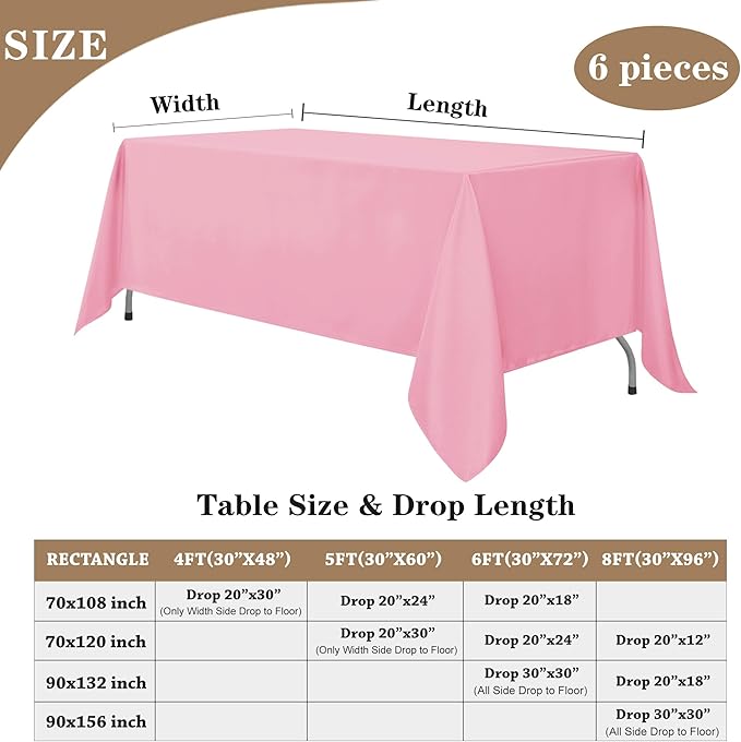 Fitable Pink Tablecloths for Rectangle Tables, 6 Pack - 70 x 120 Inches - Reusable and Washable Table Clothes for 6-8 Ft Tables, Polyester Fabric Table Covers for Wedding, Party, Banquet