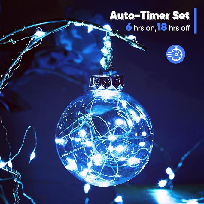 4 Pack 65.6 Ft. Battery Operated Outdoor String Lights with Remote & Timer, LED Blue Fairy Lights, Waterproof Twinkle Lights for Bedroom, Dorm, Mason Jar, Wedding, Party, Christmas