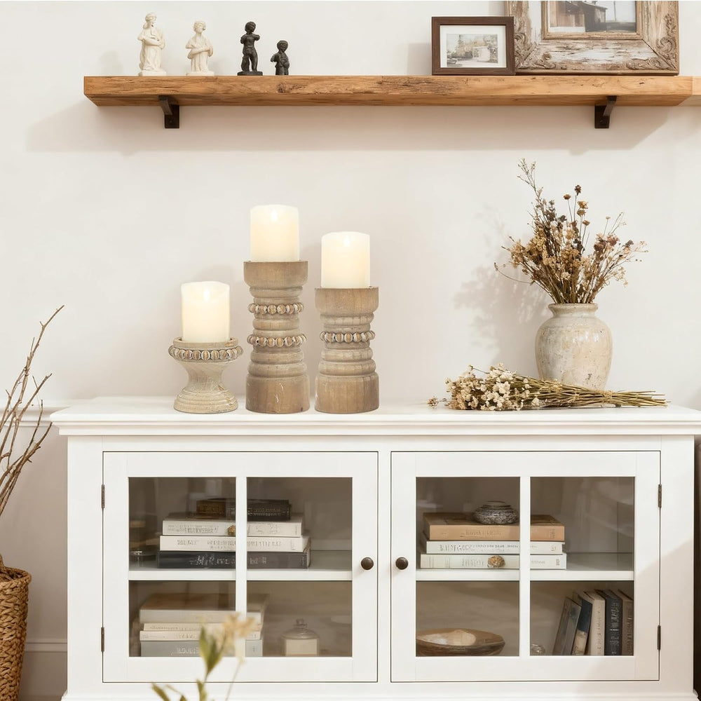 Rustic Natural Wood Candle Holders Set of 3, Farmhouse Beaded Wood Pillar Can...