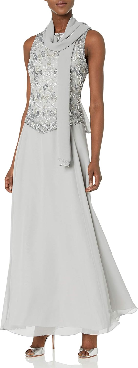 J Kara Womens Sleeveless Mock 2 Piece Beaded Bodice Flare Dress