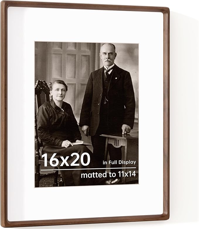 16x20 Frames USA-Sourced Natural Walnut Wood Solid Wood Picture Frame Handcrafted Rounded Corner with Mat to 11x14 Display with Real Glass Family Picture, Wedding Picture