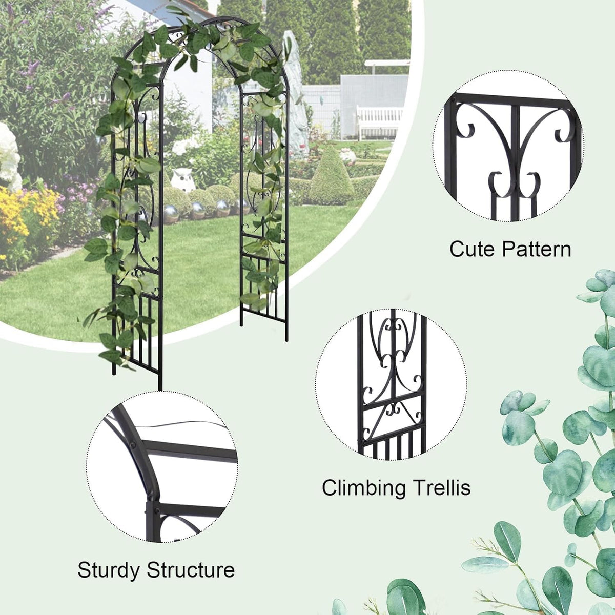 kinbor Garden Arches Arbor, Outdoor Black Metal Arbor, Wedding Archway