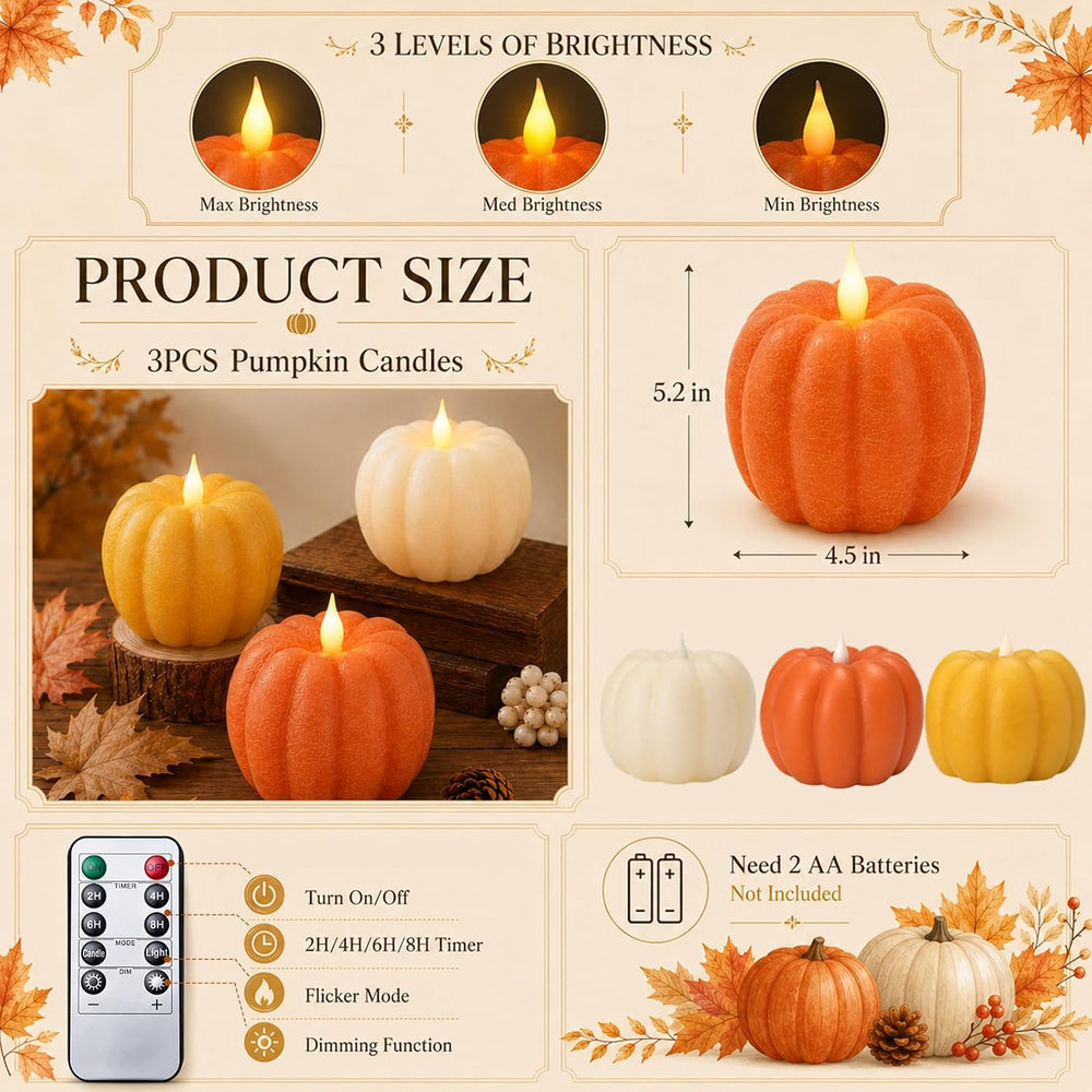 3 Pack Flameless Pumpkin Candles Real Wax Flickering LED Remote Timer