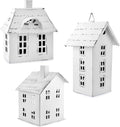 AuldHome Design Farmhouse Decor Tin Houses (Set of 3, White); Candle Lantern Decorative Holiday Christmas Village Display or Votive Holder