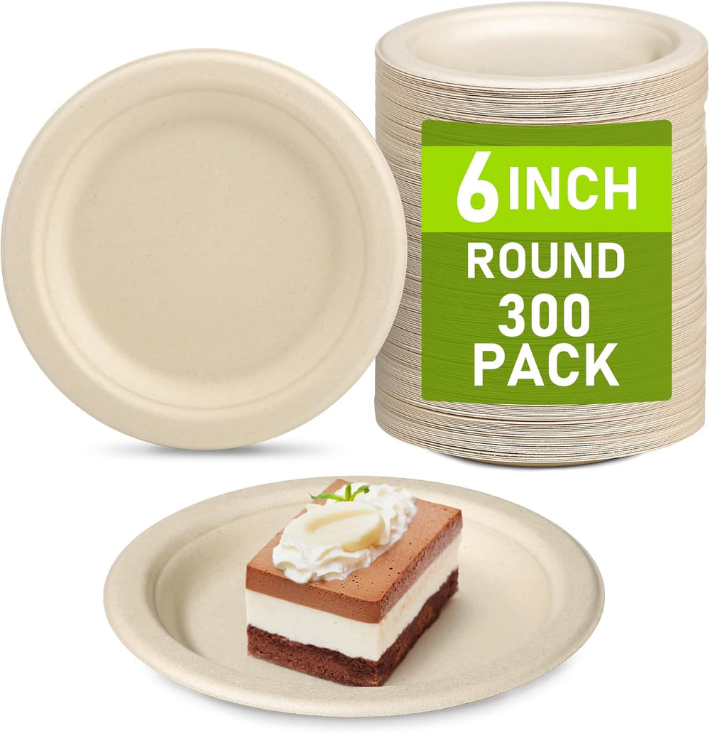 Compostable Small Paper Plates 6 inch, 300 Pack Dessert Plates
