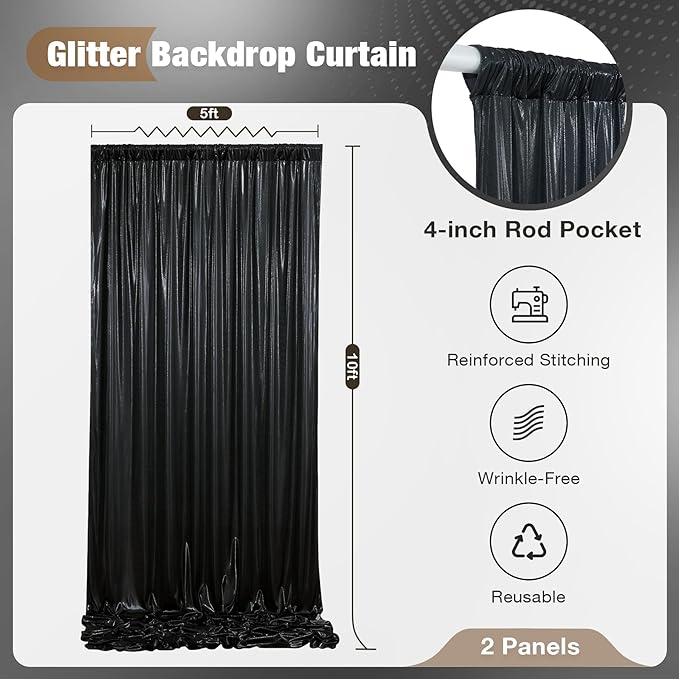 10x10FT Black Sequin Backdrop - 2 Panels 5x10FT Wrinkle-Free Glitter Drapes for Weddings, Parties & Events