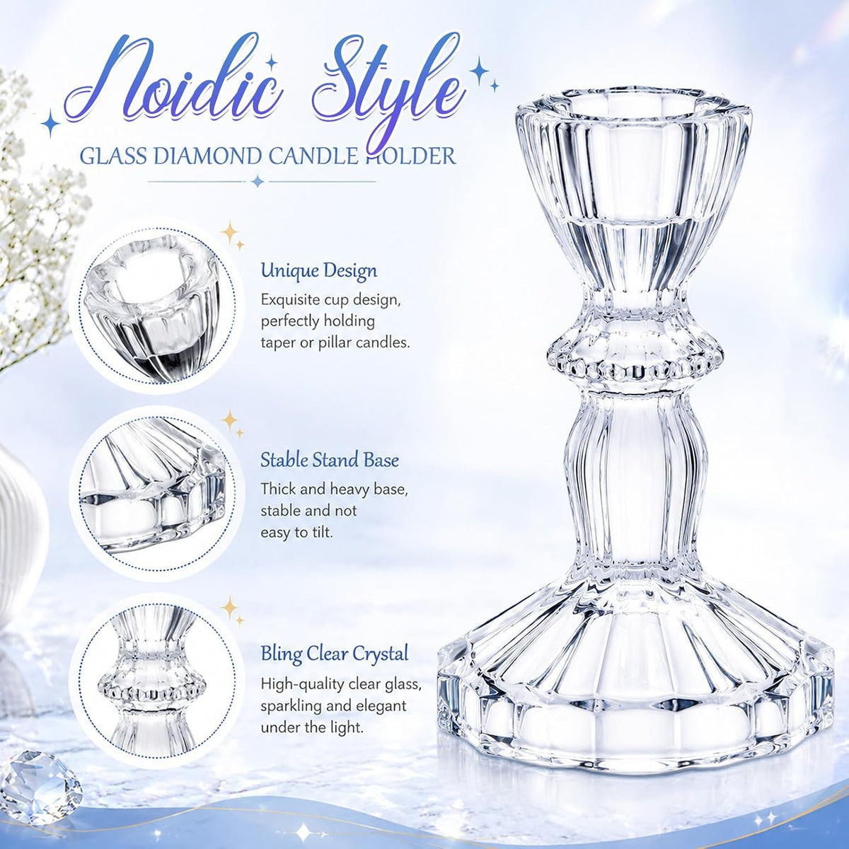 Sieral 24 Pcs Clear Taper Candle Holders 4'' Tall Candlestick Glass Holders Bulk Decorative Striped Design Stand Wedding Stick Holder for Anniversary Party Dining Table Festival Decor