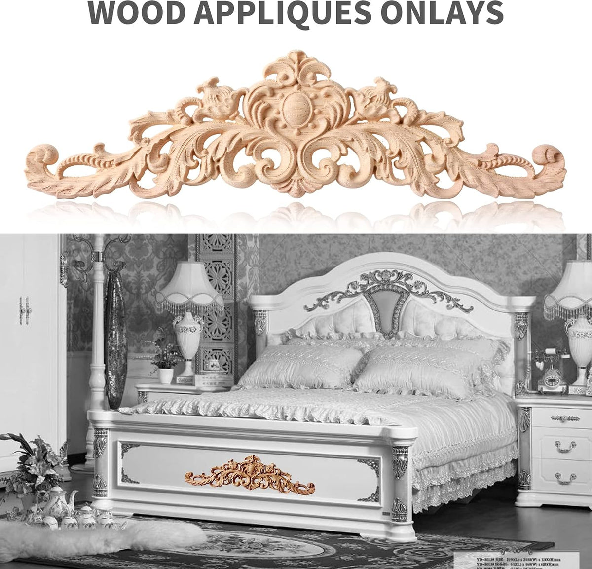 wood appliques onlays, long wood carved appliques 31.4, close-up detail