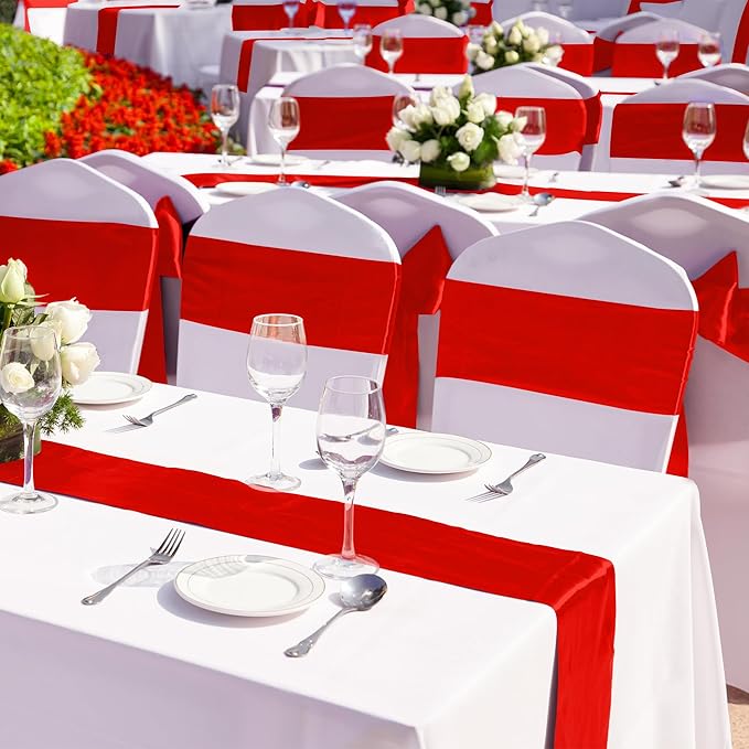 Aneco 16 Pack Satin Table Runner 12 X 108 Inch Red Long Wedding Satin Silk Table Runner for Wedding Banquet Graduations Birthday Party Decoration