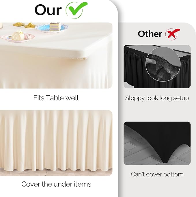 Wish Care 2 Pack Ivory Spandex Table Clothes for 4 Foot Rectangle Tables, 4FT Wrinkle Free Fitted Tablecloths Ruffles Design Table Cover for Party, Banquet, Wedding and Events