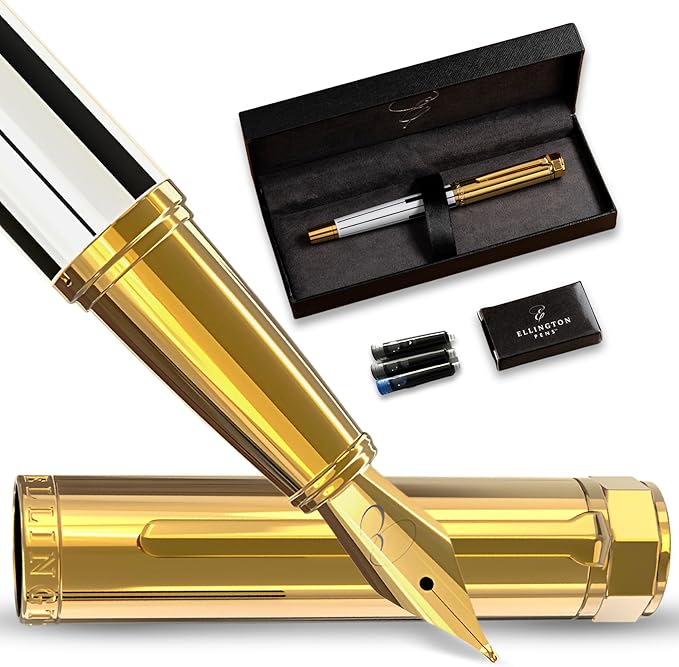 Ellington Pens Luxury Fountain Pen Set- Fountain Pens for Writing - Smooth Fine Nib - Includes Refillable Ink Converter, 3 Ink Cartridges [Black & Blue], Gift Box - Elegant Calligraphy