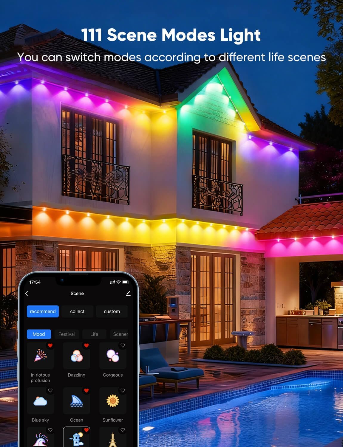 appeck rgbw permanent outdoor lights 300ft, 40lm, with, close-up detail