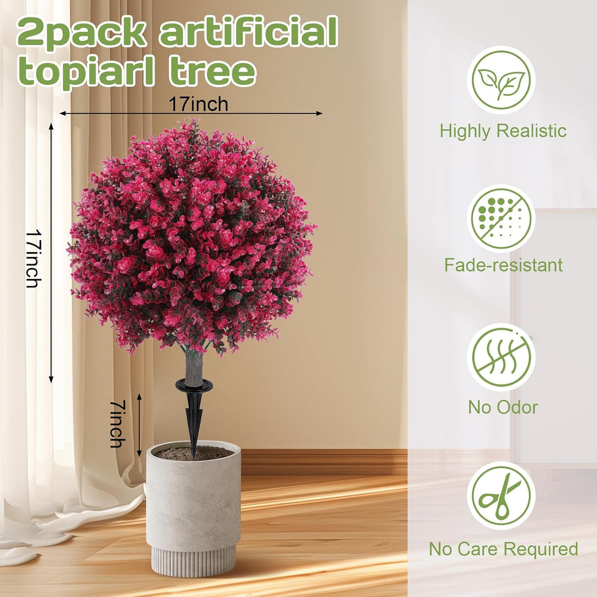 Set of 2 Artificial Red Eucalyptus Topiary Ball Tree,24" with Ground Spike