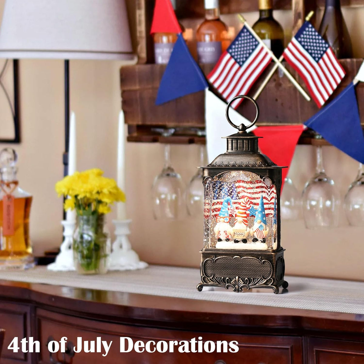 Priddop Gnome Snow Globe Lantern 4th of July Decorations with Timer, USB and Battery Powered 4th of July Shirts Patriotic Gnomes and American Flag Independence Day 10.2 inch