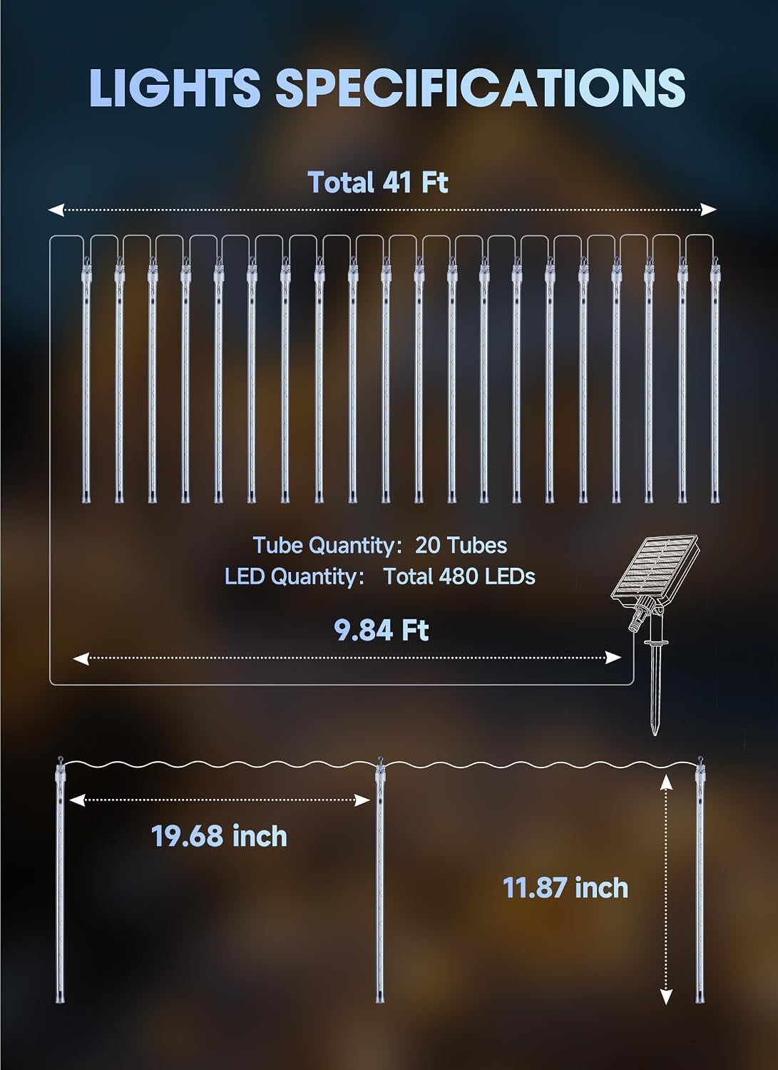minetom solar christmas lights outdoor, 20 tube 480led showing dimensions