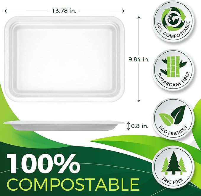50Pack 14" Heavy Duty Disposable Rectangle Food Trays, Compostable Extra Large Paper Platter Plates Serving Crawfish, Lobster, Crab for Party, BBQ, Crawfish Boil Accessories