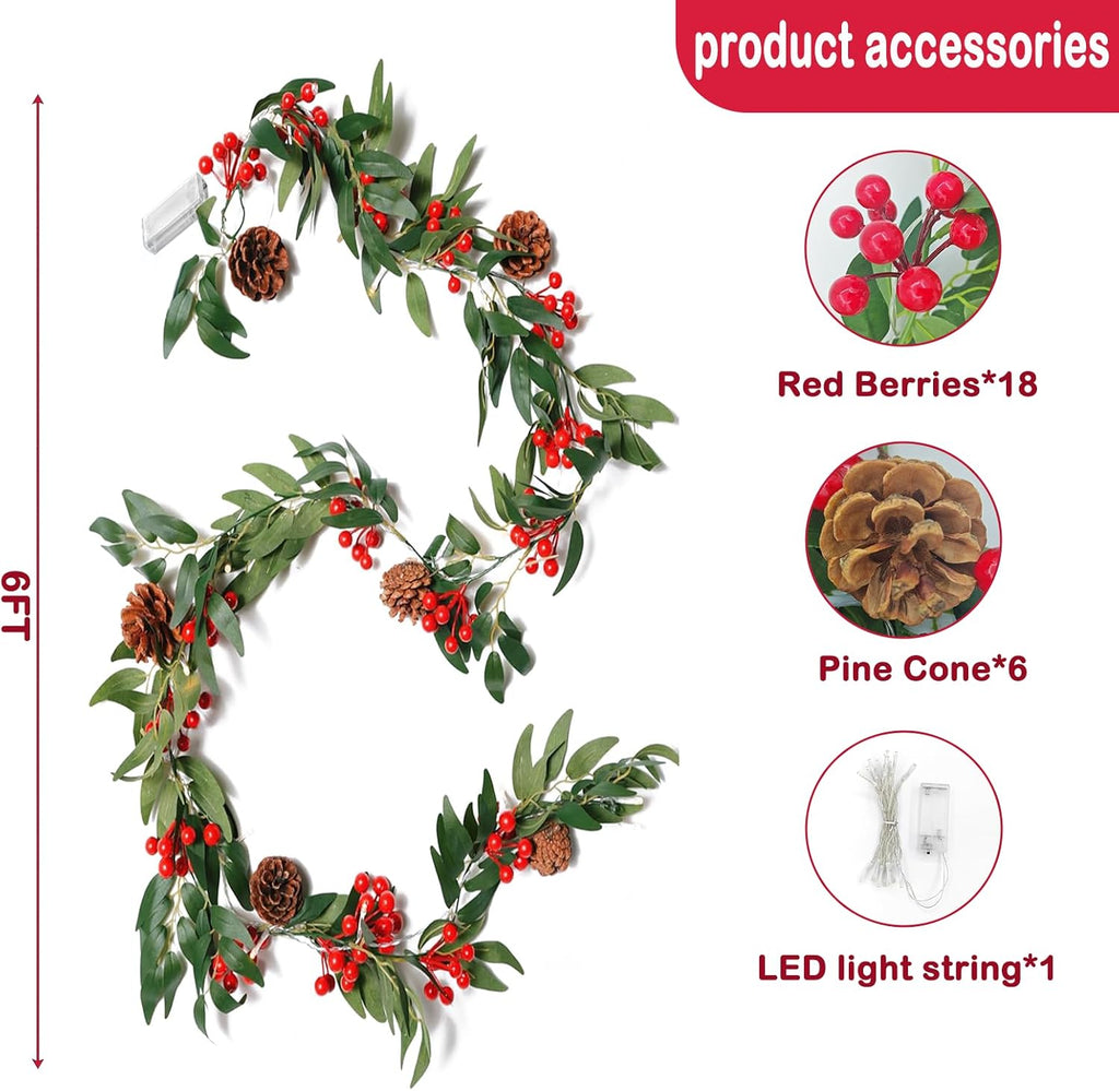 2 Pack 6FT Pre-lit Christmas Garland with Lights - Artificial Holly Berries Garland with Greenery and Pine Cones for Indoor Outdoor Holiday Decor Fireplace Mantle Stair Railing Table Windows