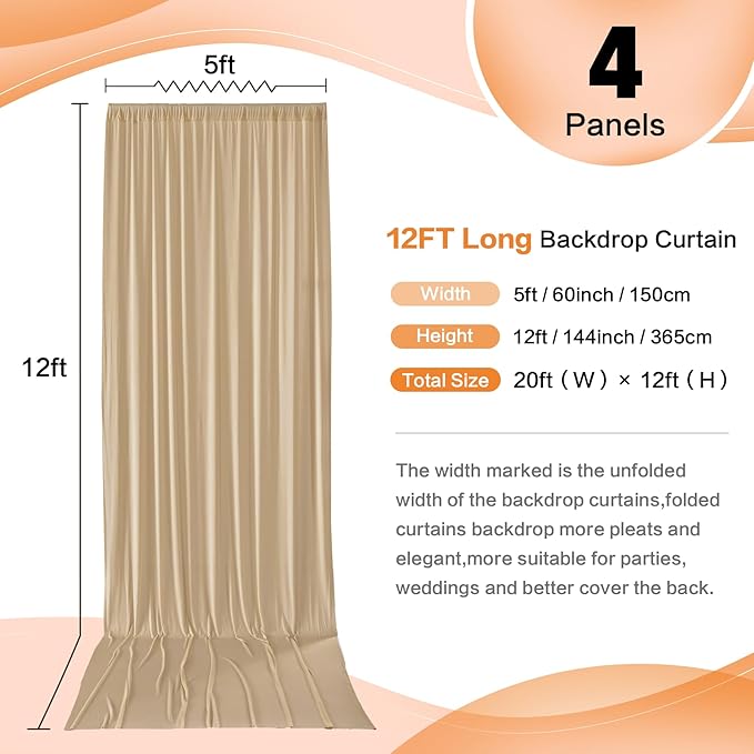 20×12 ft Wrinkle Free Beige Backdrop Curtain for Weddings Parties, 4 Panels 12ft Silky Polyester Wedding Drapes Backdrop Photo Back Drop Cloth for Birthday Baby Shower Photography Backgrounds