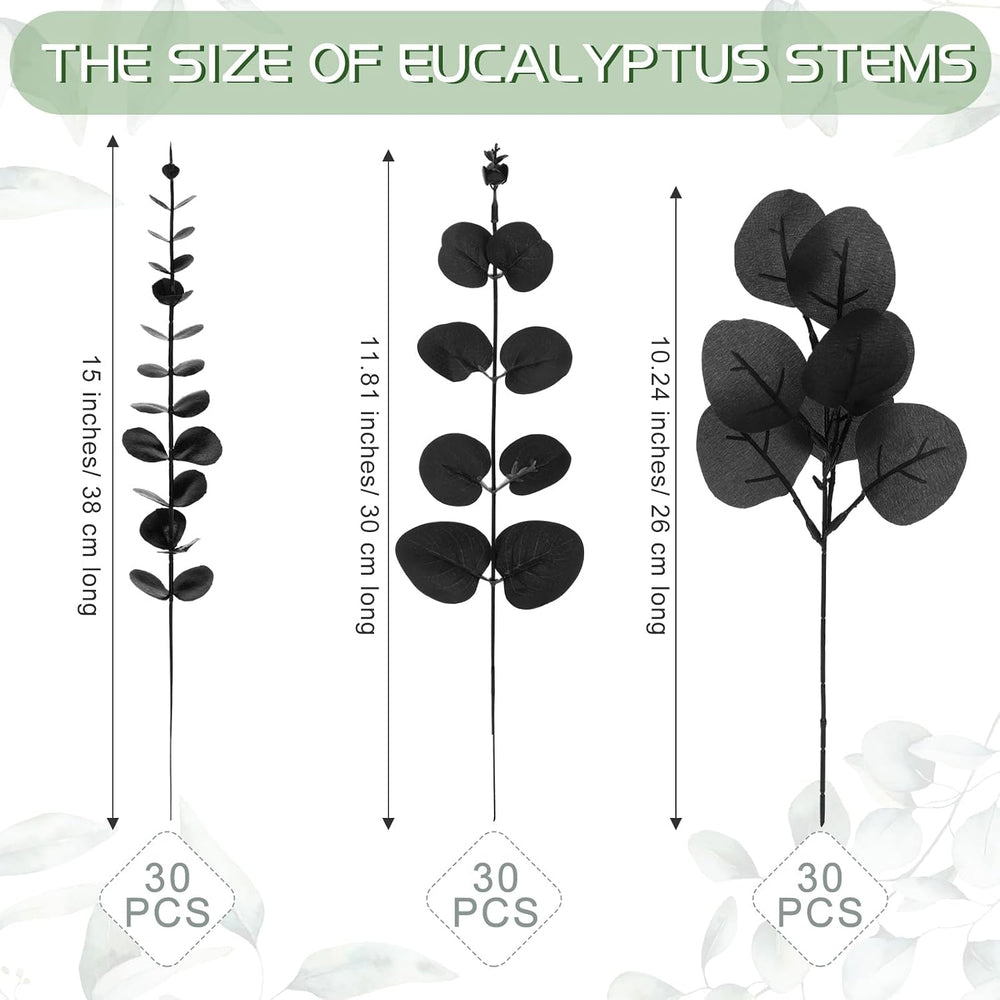 Giegxin 90 Pcs Mixed Artificial Eucalyptus Leaves Stems Bulk Black