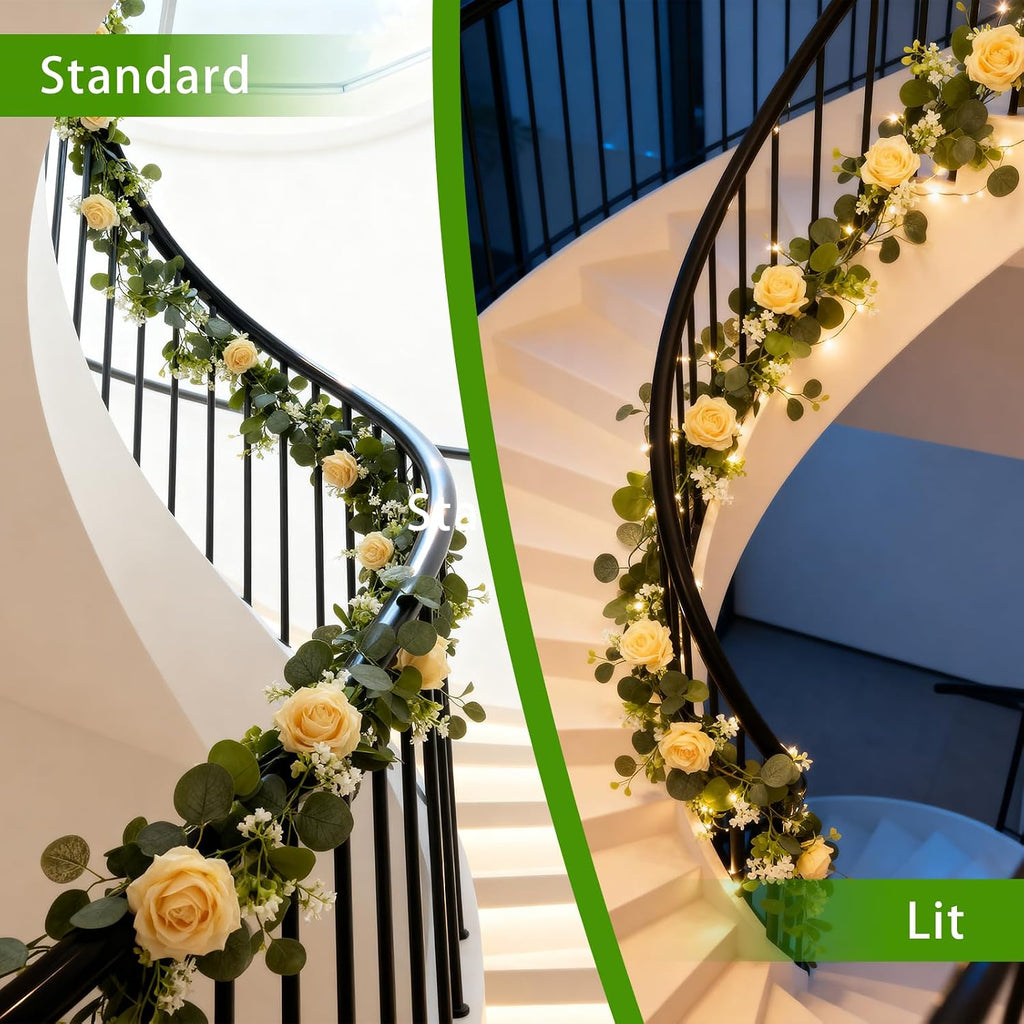 4 Pack 5.9 FT Artificial Flower Garland with Lights, Fake Floral Garland with 24 Champagne Roses, Flower Decorations for Arch Table Centerpieces Backdrop Party Home Wedding Decorations