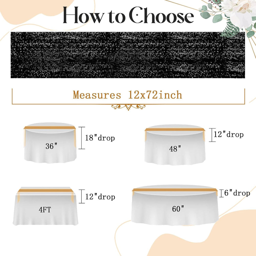 Aormenzy 12 Pack Black Sequin Table Runner 12" x 72"