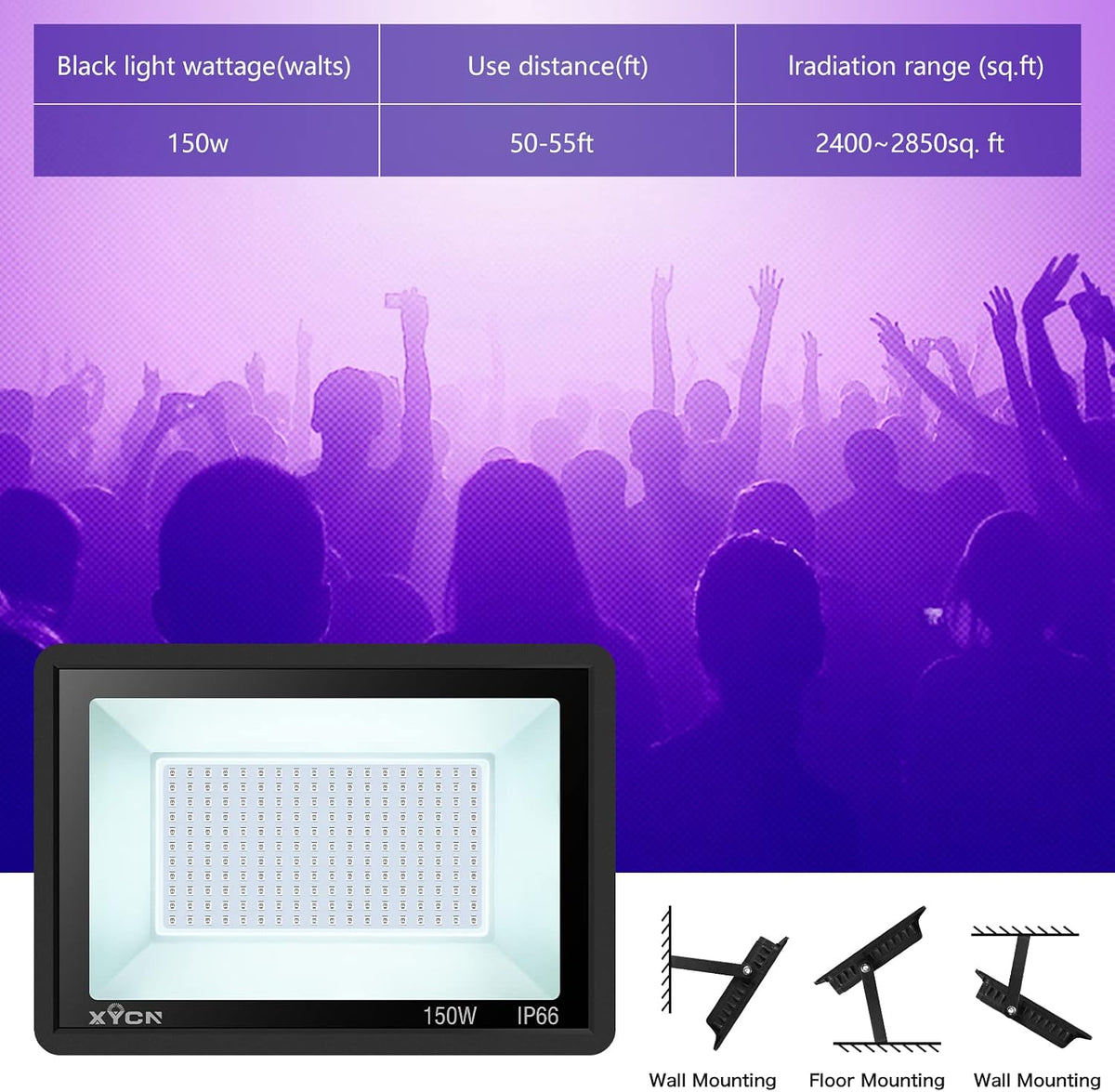 XYCN 4 Pack 150W LED Flood Black Lights,395nm to 405nm UV Outdoor Flood High Power Blacklight Light with Plug in, IP66 Waterproof Large Black Light Spotlight for Glow Party Large Space, Halloween