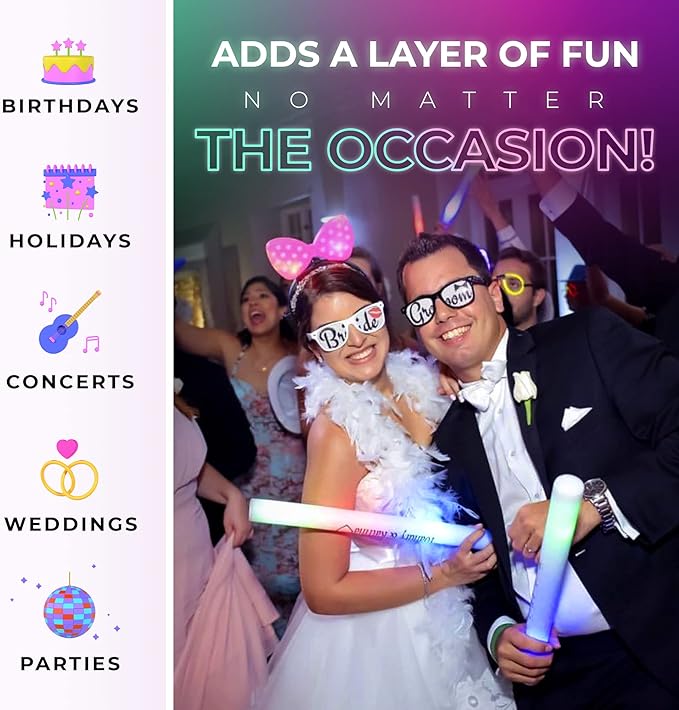 Foam Glow Sticks Bulk - 100 White Foam Light Up Sticks and LED Foam Sticks - 100 Reusable 16" Light Up Foam Sticks White Foam Glow Sticks for Wedding, Parties, and Dancing (100 Pack)