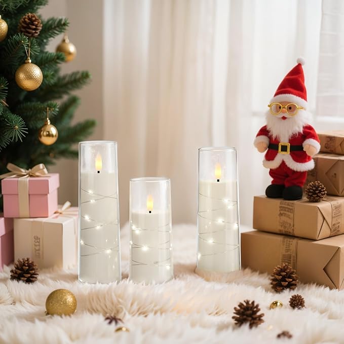 Raycare Flameless Candle with Remote Timer, 7 Flickering Acrylic Battery Operated LED Pillar Candles with Embedded Star String for Halloween, Home Decor, and as a Gift(White) (7 Pack)