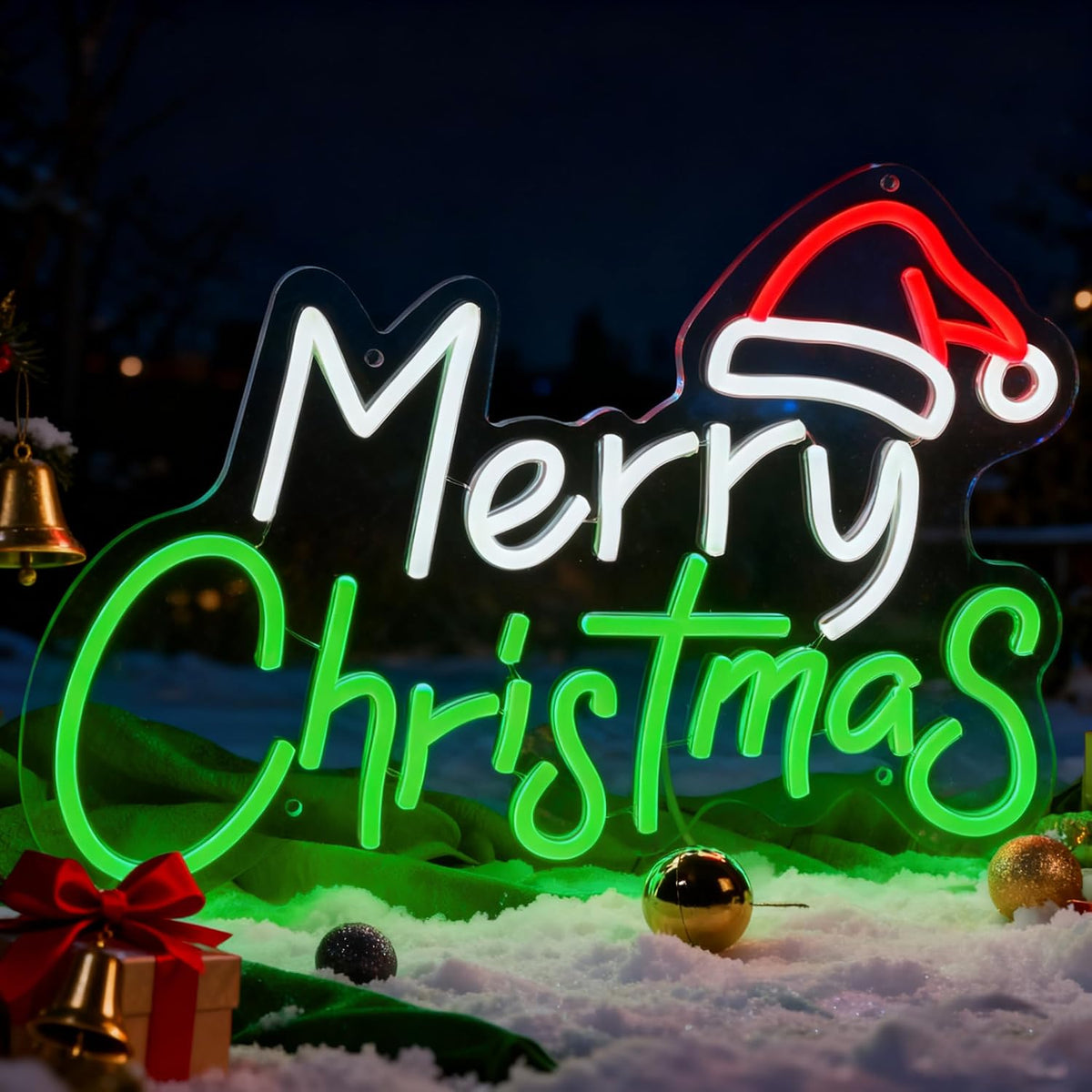 FRAMICS Merry Christmas Neon Sign for Wall Decor-10 Adjustable Brightness Light Up Christmas Decorations with Xmas Hat USB Powered Wall Neon Light for Windows, Living Room, Party, Office, Gifts