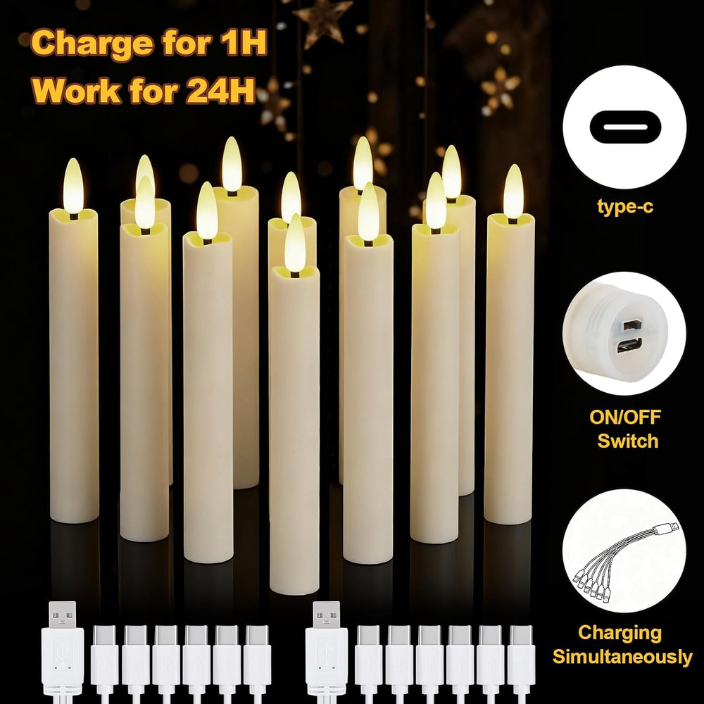 IMAGE 12 Pcs Rechargeable Flameless Taper Candles with Remote, 3D Wick Ivory ...