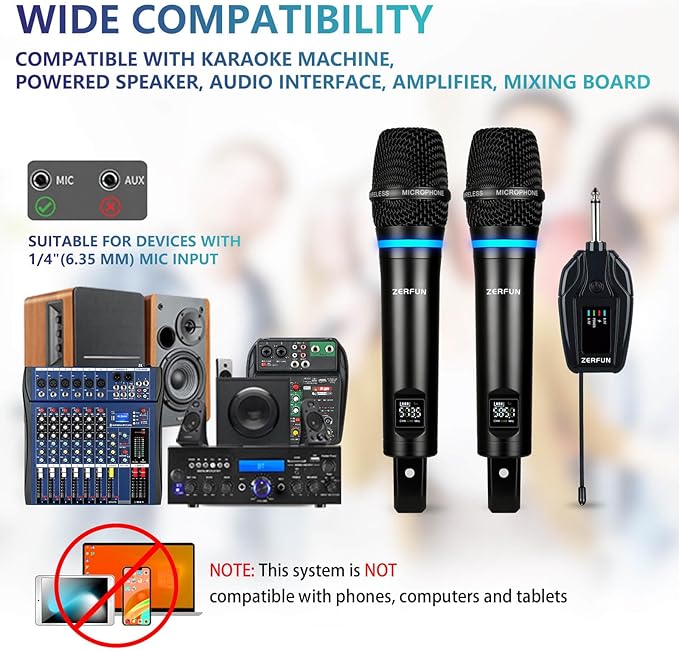 2 Channel Rechargeable Wireless Microphone System, Pro UHF Metal Handheld Wireless Microphones Cordless Mics with Mini Receiver, Channel Control for Karaoke Singing Church