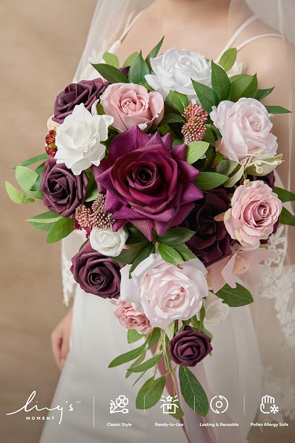 Ling's moment Burgundy Cascading Bridal Bouquet, Marsala Wedding Bouquets for Bride, 13 Inch Birde Bouquet Artificial Wedding Flower Bouquet