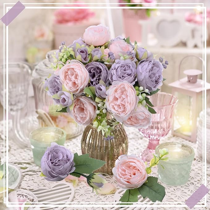8 Bundles Artificial Peonies Flowers Boho Faux Flowers Arrangements Artificial Centerpiece Spring Bouquet Floral Wedding Decoration for Vase(Pink, Purple)