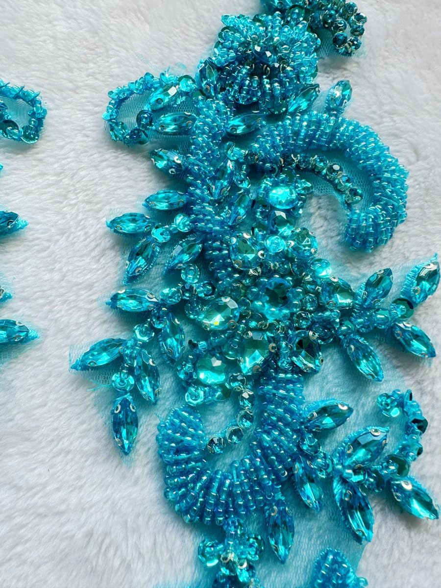 Handmade Rhinestones on Lace Applique Trim Sewing Beads Sequins Trim Patches ...