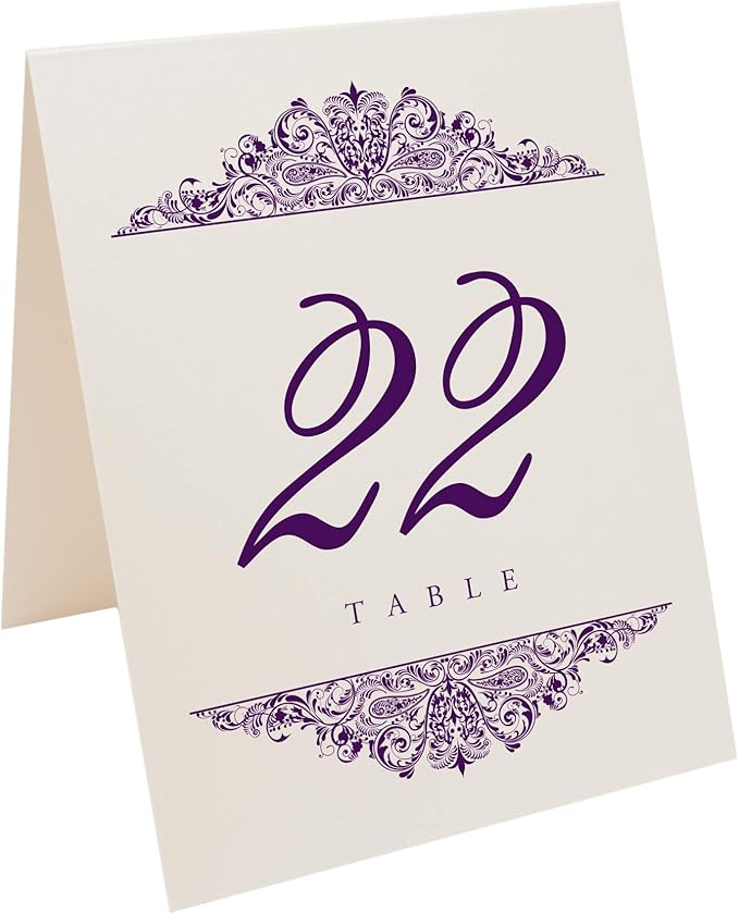 Paisley Wedding Table Numbers (Select Color/Quantity), Champagne, Eggplant, 1-125, Double Sided, Tent or Use in a Stand, Great for Parties & Restaurants - Made in the USA