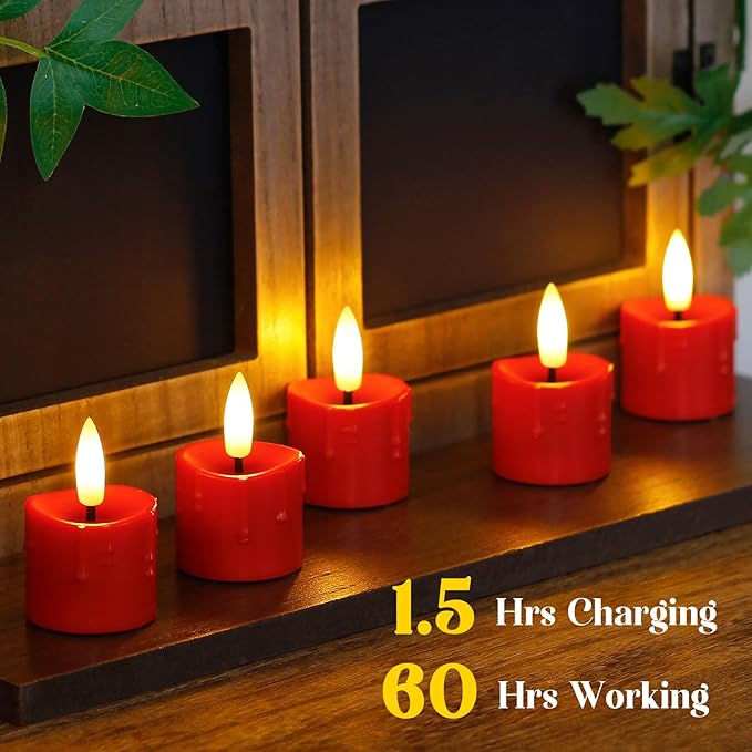 Rechargeable Flameless 1.6" x2.5" Tea Light Candles with Remote & Type-C Charging Cable, Timer LED Flickering Burgundy Plastic 9pcs Mini Dripping Wax Votive Tealight Candles