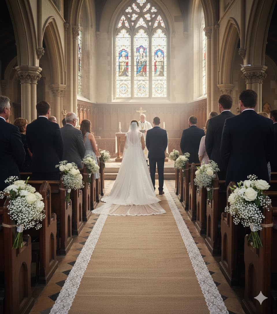 Premium Burlap Outdoor Wedding Aisle Runner with 5" Wide Ivory Lace Atta...