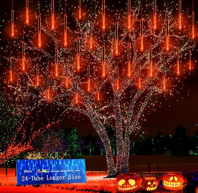 Outdoor Halloween Decorations, Orange Meteor Shower Lights for Outside