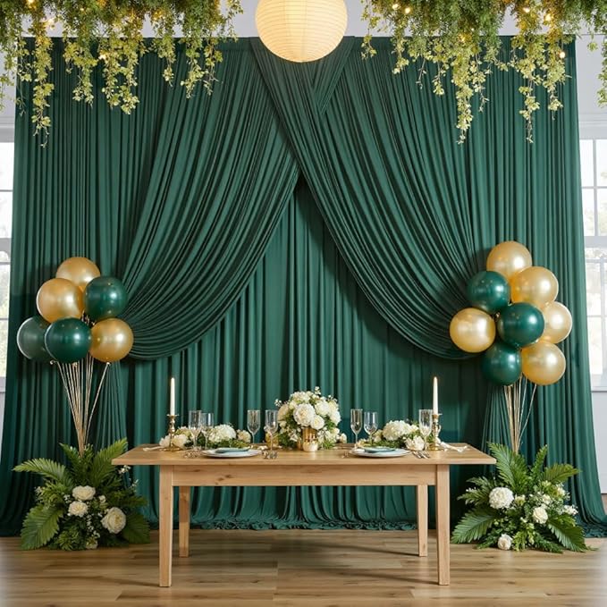 40ftx10ft Wrinkle FreeHunter Green Backdrop Curtains for Party Background, 8 Panels Silky Fabric Green Photo Backdrop Drapes Back Drop Cloth for Wedding Birthday Photography Baby Shower Decor