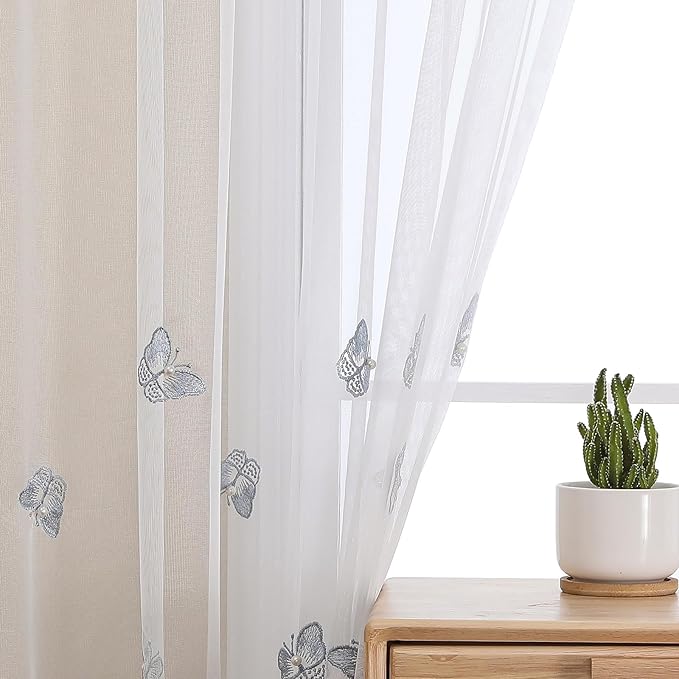 VISIONTEX White Sheer Voile Curtains, Decorative Blue Embossed Butterflies Rod Pocket Window Drapes for Home Kitchen, Living Room and Bedroom 54 x 95 Inch, Set of 2 Curtain Panels