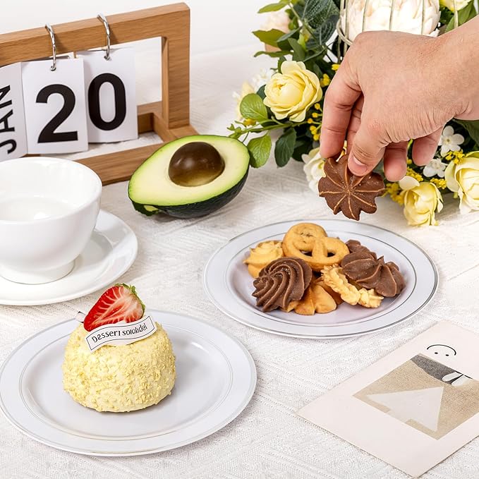 bUCLA 200PCS Silver Plastic Plates - 6.25inch White with Silver Trim Disposable Salad/Dessert/Appetizer/Small Cake Plates - Ideal for Wedding & Party